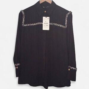 NWT Zara Black Long Sleeve Blouse with Bouclé Trim (NWT)